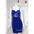 Ladies Blue Lace Strapless Dress With Breast Padded